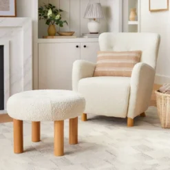 Kessler Round Tufted Faux Shearling Ottoman With Wood Legs Cream - Threshold™ Designed With Studio McGee -Every Space Store GUEST 04b65af8 a754 447b a4dd 3ee4c3c36a15