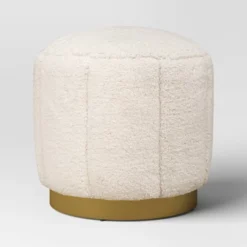 Galena Channel Tufted Shearling Brass Ottoman Cream - Threshold™: Round Pouf, No Assembly, Metal Base -Every Space Store GUEST 16335b89 d3ff 46a3 920b 25db6be6189f