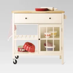Windham Wood Top Kitchen Island Off-White - Threshold™: Pine & Rubberwood Frame, Storage Cart With Casters